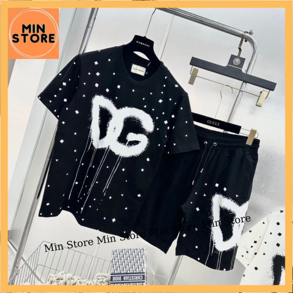 Bộ Đồ Nam Cộc Tay Mặc Hè Dolce In Chữ DG Chảy Chấm Sao Đen Trắng . Bộ Thể Thao Cho Các Boy Phố Đi Học Đi Chơi Hottrend