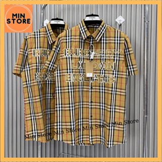 Áo Sơ Mi Kẻ Nam Cộc Tay Burberry Sọc Caro Be Thêu Chữ BBR London England Ngực Đơn Giản Cho Các Boy Phố Đi Chơi Đám Cưới