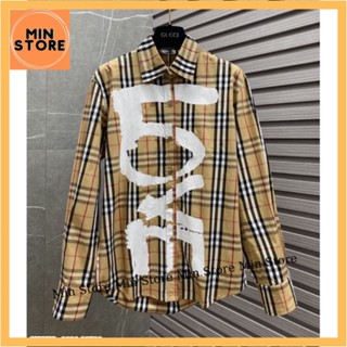 Áo Sơ Mi Burberry Nam Nữ Dài Tay Kẻ Sọc Màu Be In Chữ LOVE Trắng Dọc Thân Khuy Đúc Chữ Chất Đẹp Cực Hót 2023