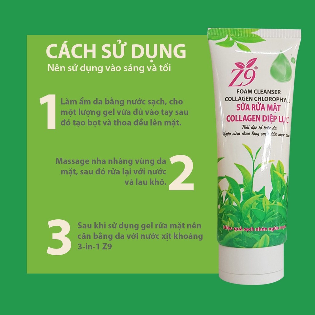 Sữa Rửa Mặt Collagen Diệp Lục Z9 Sạch Nhờn Sáng Da (Tuýp 100ml)