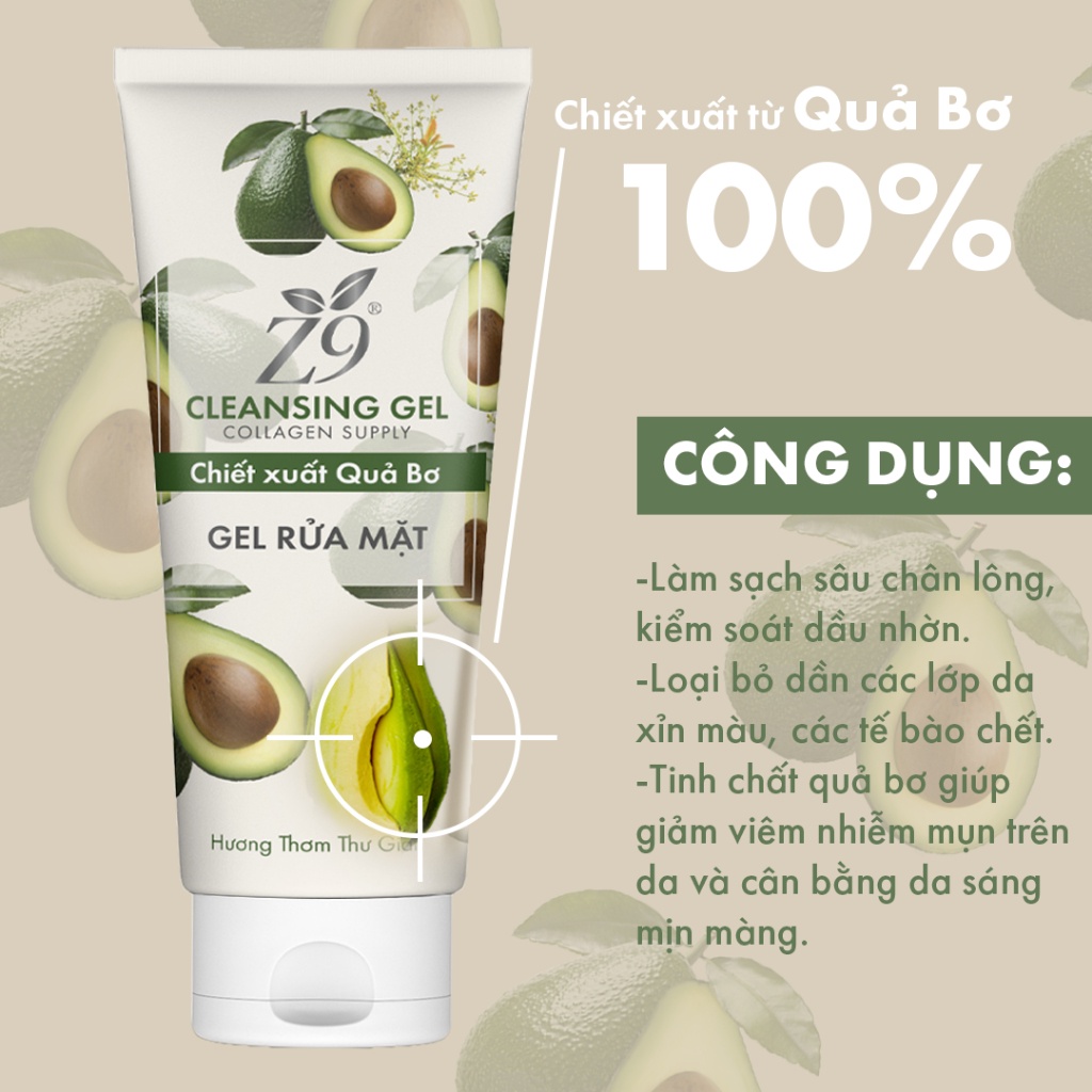 Gel Rửa Mặt Tinh Chất Bơ Z9 Sạch Da Trắng Sáng Mịn Màng 80ml