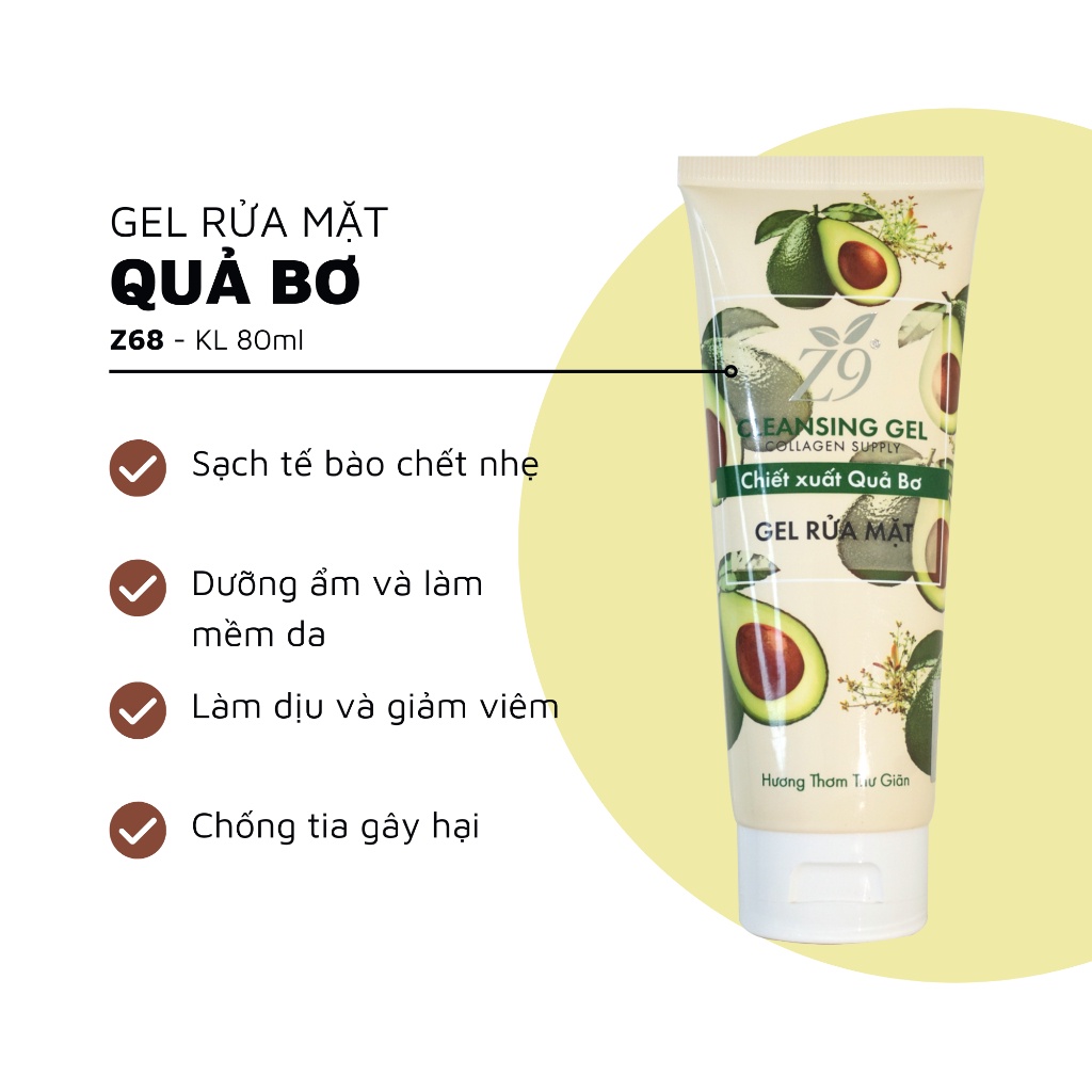 Gel Rửa Mặt Tinh Chất Bơ Z9 Sạch Da Trắng Sáng Mịn Màng 80ml