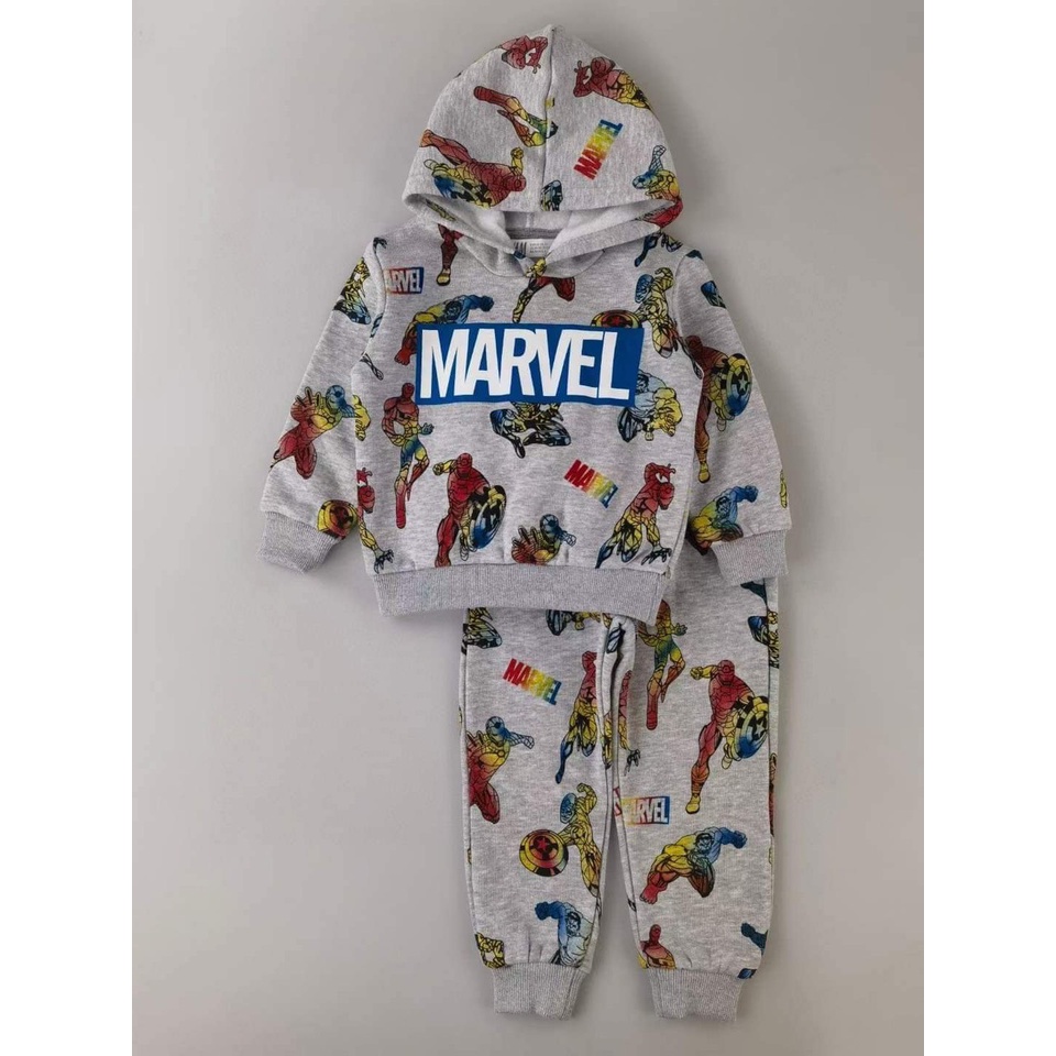 Bộ nỉ HM xám nhạt marvel nhện đỏ hoodie có mũ size 2-6 tuổi cho bé