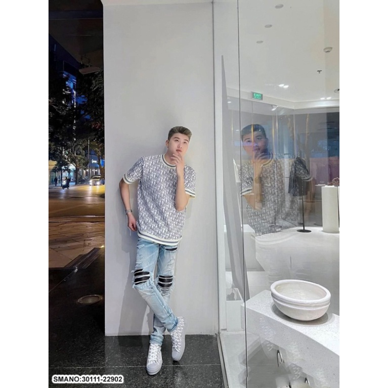 Áo Phông Nam Nữ Dập Vân Chữ CD Monogram Đen Trắng Phối Bo Sọc Chun - Áo Thun Siêu Cấp Chất Cotton Mát Thấm Hút Mồ Hôi