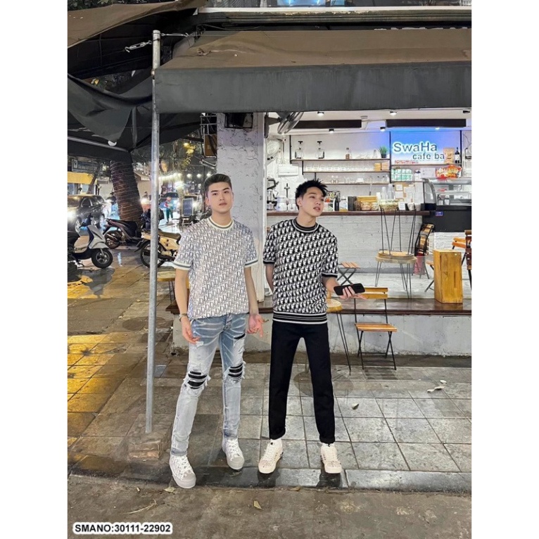 Áo Phông Nam Nữ Dập Vân Chữ CD Monogram Đen Trắng Phối Bo Sọc Chun - Áo Thun Siêu Cấp Chất Cotton Mát Thấm Hút Mồ Hôi