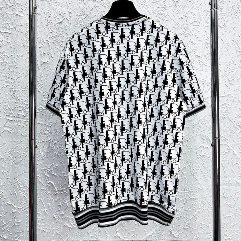 Áo Phông Nam Nữ Dập Vân Chữ CD Monogram Đen Trắng Phối Bo Sọc Chun - Áo Thun Siêu Cấp Chất Cotton Mát Thấm Hút Mồ Hôi