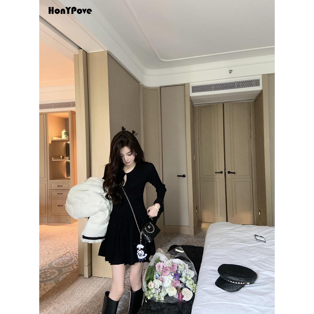 Honypove Đen Đầm Múa Ba Lê Dệt Kim Dáng Chữ a Xếp Ly Phối Bèo Dễ