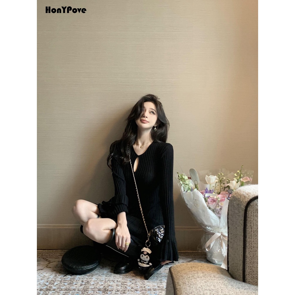 Honypove Đen Đầm Múa Ba Lê Dệt Kim Dáng Chữ a Xếp Ly Phối Bèo Dễ