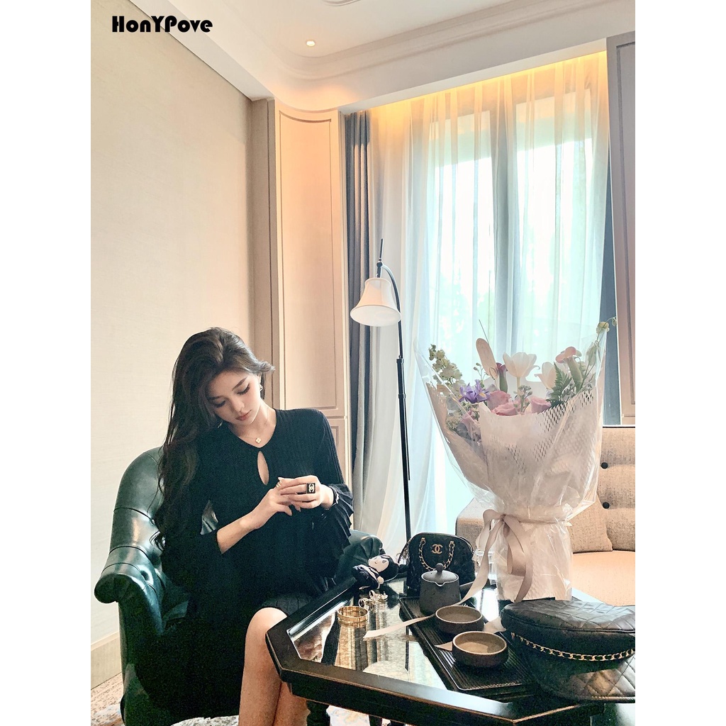 Honypove Đen Đầm Múa Ba Lê Dệt Kim Dáng Chữ a Xếp Ly Phối Bèo Dễ