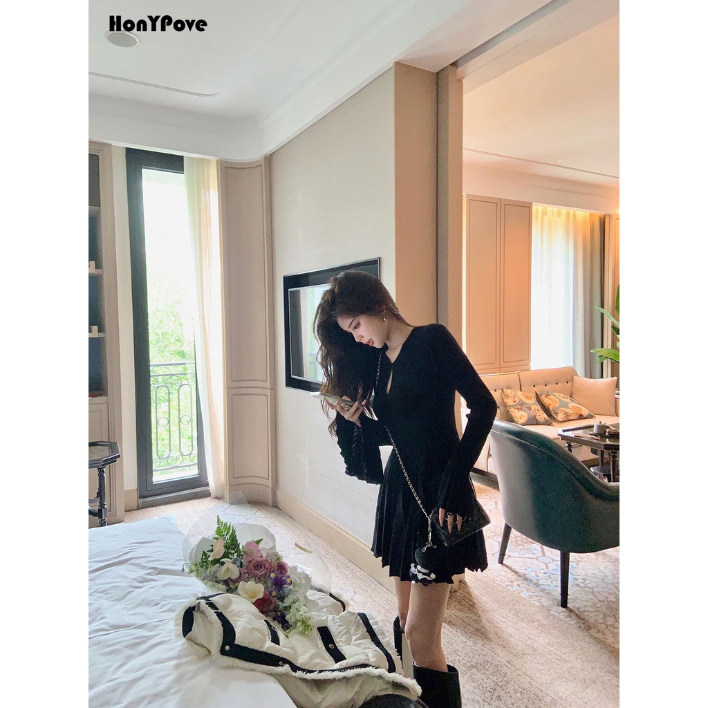 Honypove Đen Đầm Múa Ba Lê Dệt Kim Dáng Chữ a Xếp Ly Phối Bèo Dễ