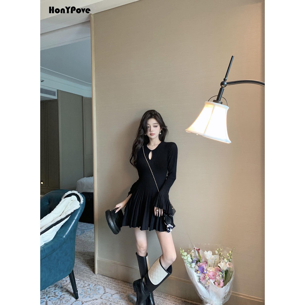 Honypove Đen Đầm Múa Ba Lê Dệt Kim Dáng Chữ a Xếp Ly Phối Bèo Dễ