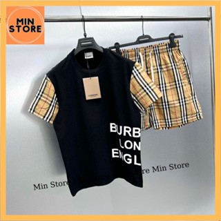 Bộ Đồ Nam Cộc Tay Mặc Hè BBR In Chữ Burberry London England Kẻ Sọc Be Dập Chữ Quần Kẻ Sọc Cạp Dây Chun