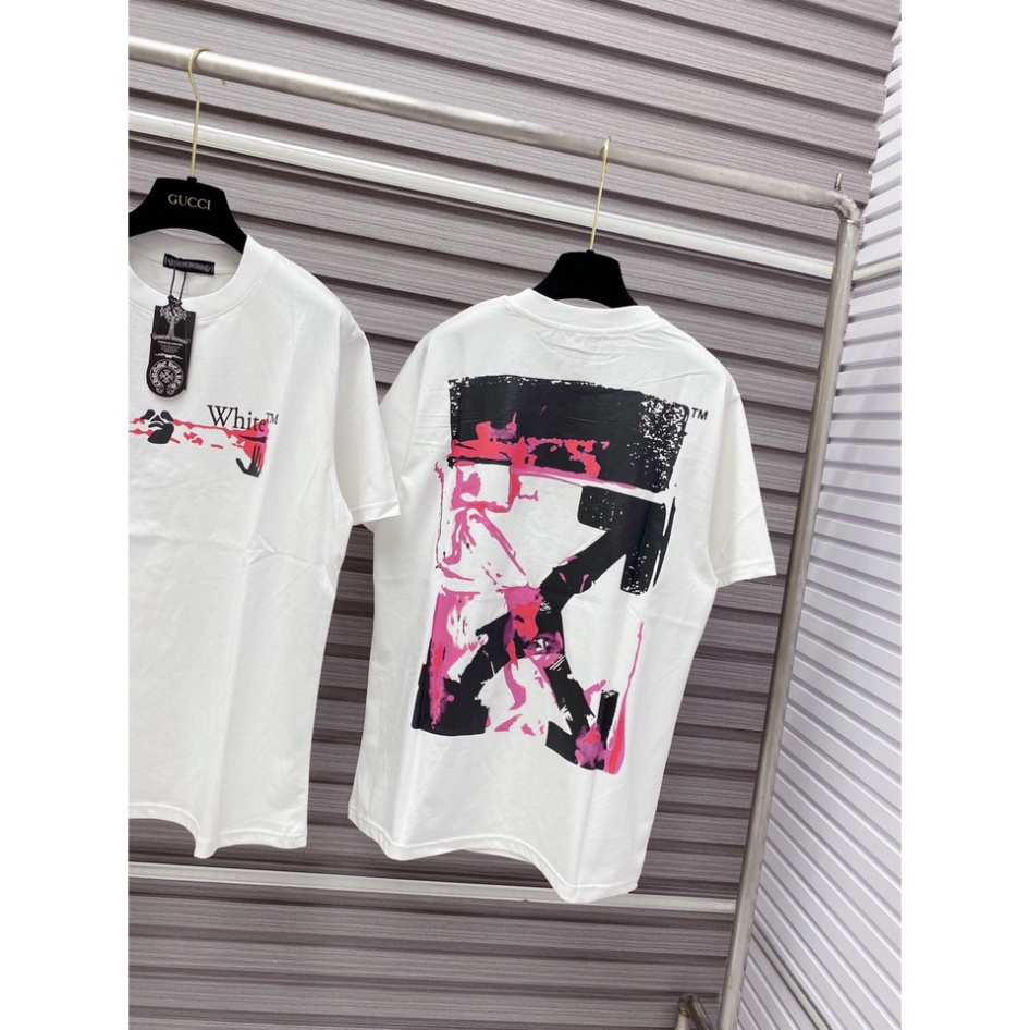 Áo Phông Nam Nữ In Chữ Off White dấu X vảy loang hồng hai mặt ,Áo Thun Siêu Cấp Cực Nét 2023