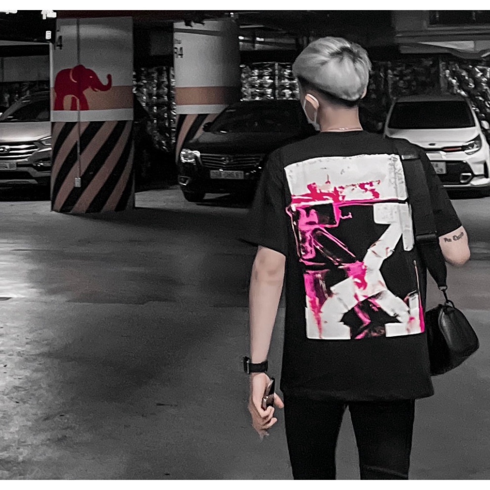 Áo Phông Nam Nữ In Chữ Off White dấu X vảy loang hồng hai mặt ,Áo Thun Siêu Cấp Cực Nét 2023