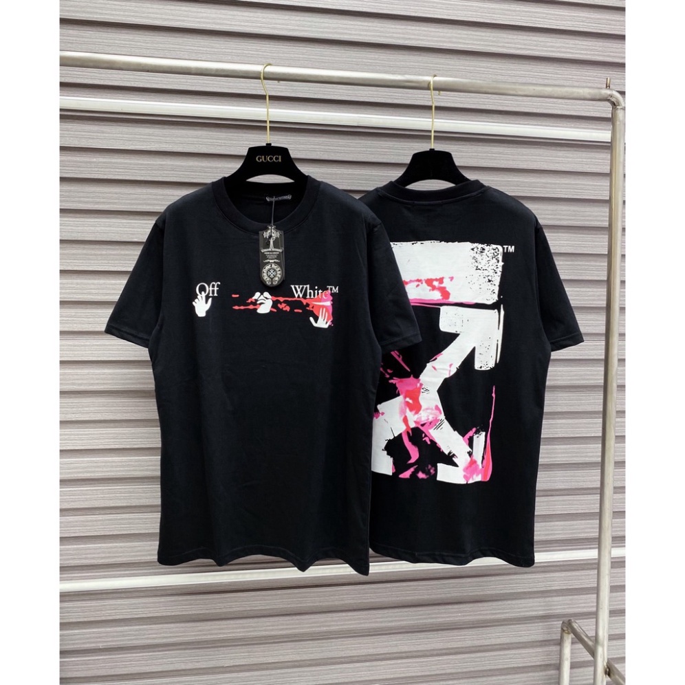 Áo Phông Nam Nữ In Chữ Off White dấu X vảy loang hồng hai mặt ,Áo Thun Siêu Cấp Cực Nét 2023