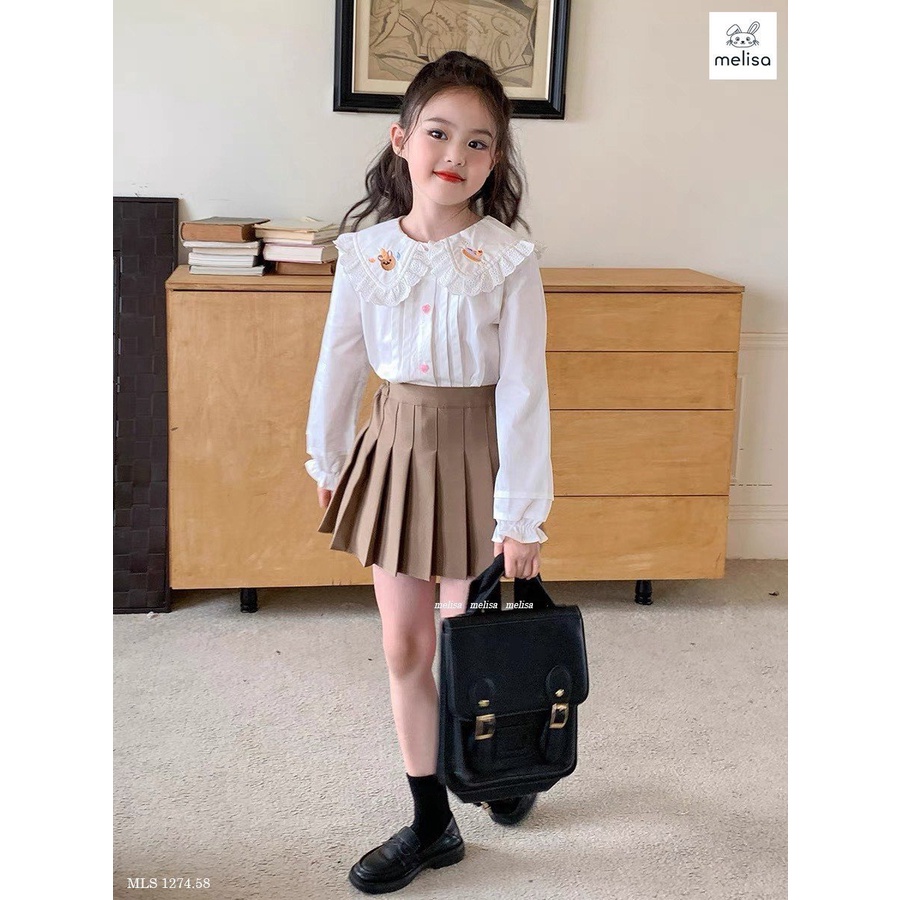 Set Melisa áo sơ mi trắng thêu cổ - chân váy xếp li liền quần nâu size 2 - 12y