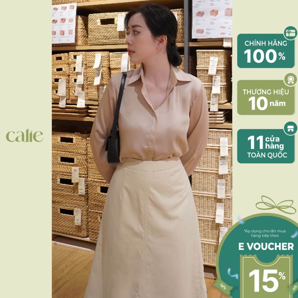 CALIE Áo sơ mi lụa chống nhăn cổ đức dài tay form rộng dáng basic giấu khuy 3 màu thanh lịch thời trang công sở AS261