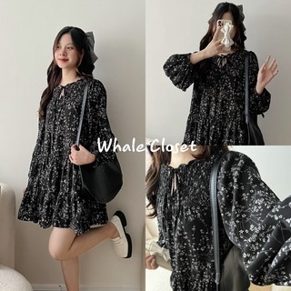 Đầm váy babydoll hoa đen tay bồng Vintage ULY DRESS