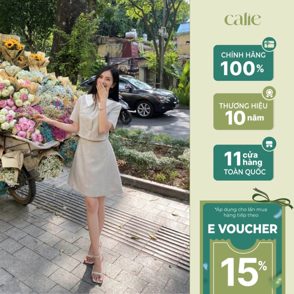 Váy nữ dáng A phối cổ can eo đính cúc trang trí CALIE VA327