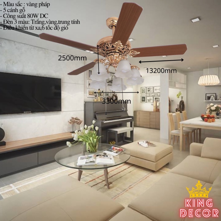 Quạt trần trang trí phòng khách có điều khiển từ xa 6 tốc độ gió ,đèn 3 chế độ ánh sáng,bảo hành 5 năm