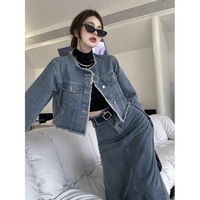 Bán Chạy Phong Cách Mới! Bán Chạy!Bộ Áo Khoác Jean Phối Chân Váy Jean Lưng Cao Phong Cách hong kong Thời Trang Cho Nam Và Nữ