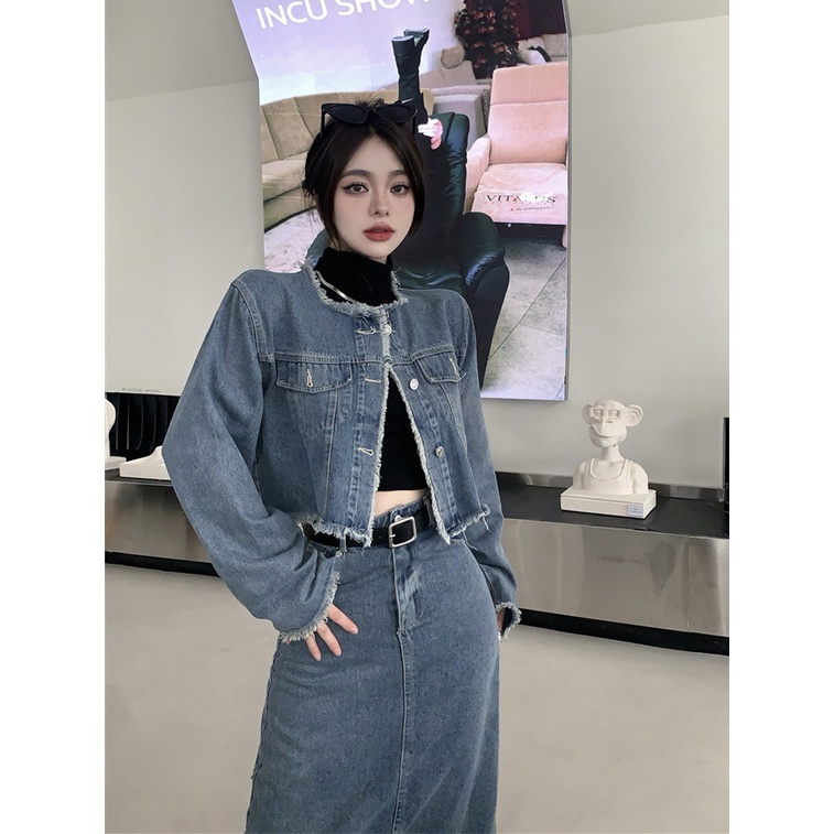 Bán Chạy Phong Cách Mới! Bán Chạy!Bộ Áo Khoác Jean Phối Chân Váy Jean Lưng Cao Phong Cách hong kong Thời Trang Cho Nam Và Nữ