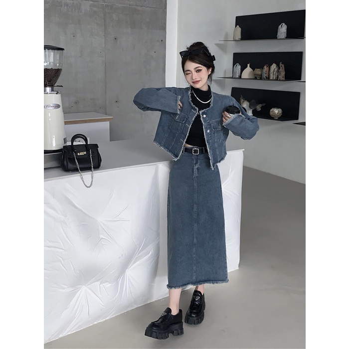 Bán Chạy Phong Cách Mới! Bán Chạy!Bộ Áo Khoác Jean Phối Chân Váy Jean Lưng Cao Phong Cách hong kong Thời Trang Cho Nam Và Nữ