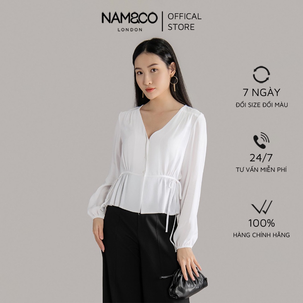 Áo sơ mi cổ V nữ Namandco dài tay,có dây chun ngang lưng, form suông thanh lịch size S,M,L màu trắng NB0224