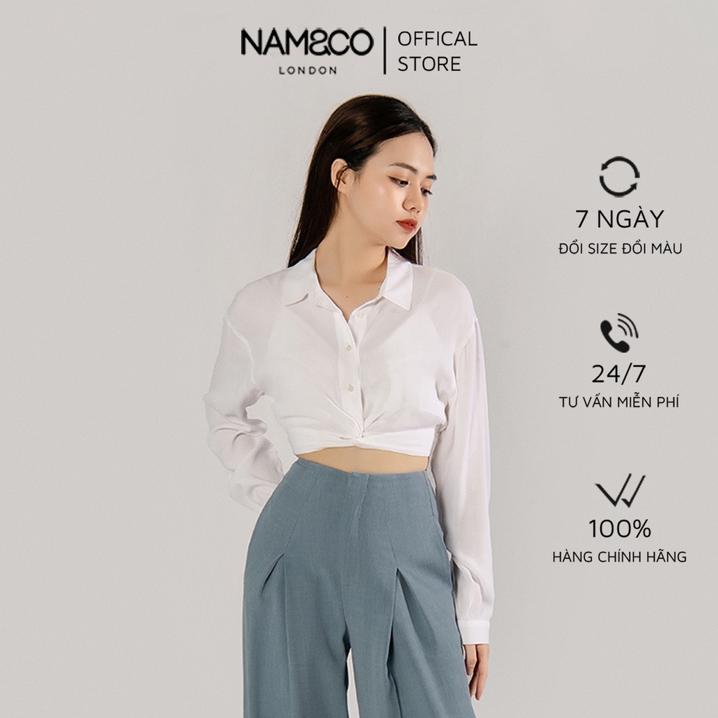 Áo sơ mi croptop dài tay nữ Namandco  vải mềm mát có chun lưng đằng sau trẻ trung, nữ tính  S M L  trắng NB0262