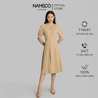 Đầm dáng xòe cổ chữ V nữ Namandco thiết kế chiết eo tôn dáng vải mềm mát co giãn thoải mái S,M,L be, đen ND0239