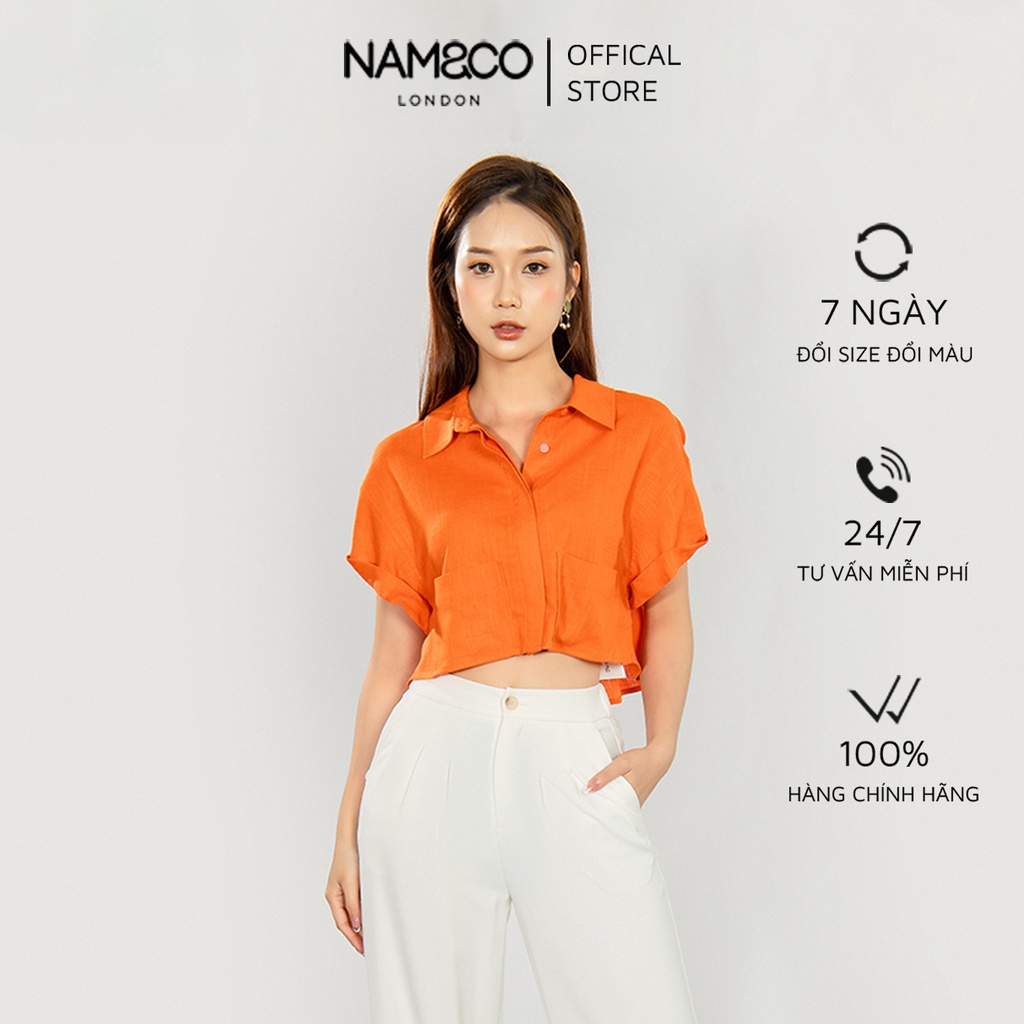 Áo sơ mi crotop nữ Namandco dáng ngắn xắn tay có 2 túi ngực trẻ trung size S,M,L màu cam, trắng xanh NB0281