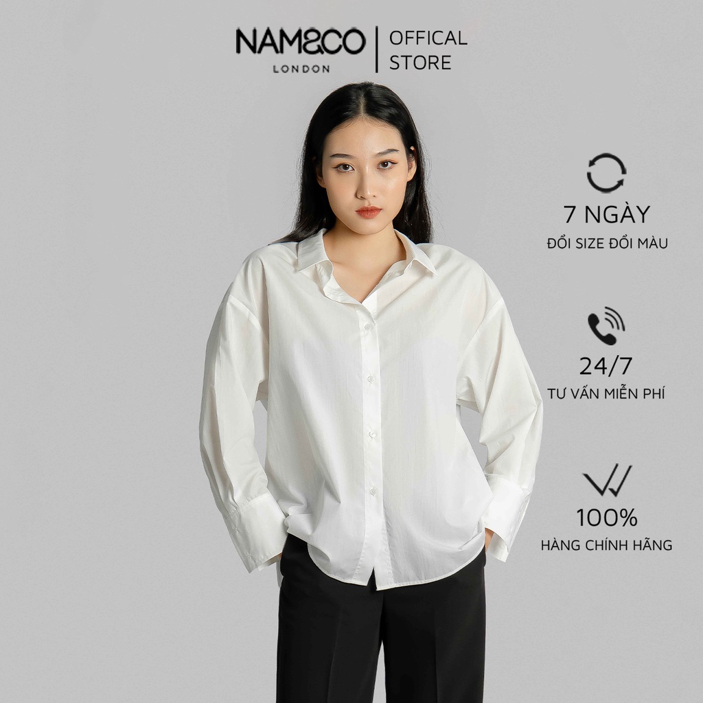 Áo sơ mi dài tay nữ Namandco công sở vai trượt dáng rộng thoải mái size S,M,L màu xanh, trắng,beige NB0177