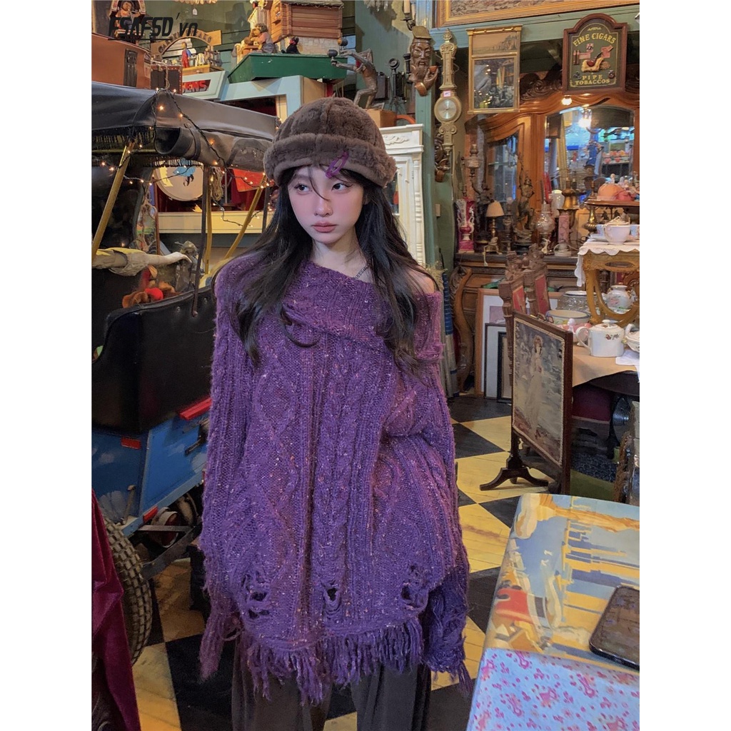 Áo sweater Dệt Kim Thiết Kế Xẻ Rách Phong Cách retro Mỹ