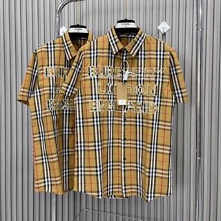 Áo sơ mi Kẻ Nam Cộc Tay Burberry Sọc Caro Be Thêu Chữ BBR London England Ngực Đơn Giản Cho Các Boy Phố Đi Chơi Phố
