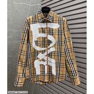Áo SơMi Burberry Nam Nữ Dài Tay Kẻ Sọc Màu Be In Chữ LOVE Trắng Dọc Thân Khuy Đúc Chữ Chất Đẹp Cực Hót 2023