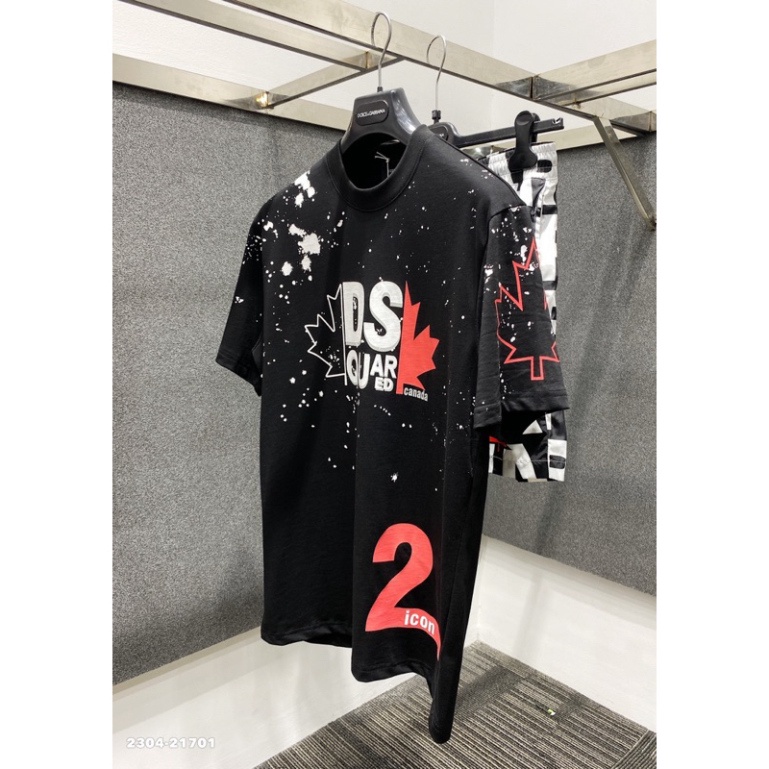 Áo phông nam nữ  in chữ DSQ2 lá phong đen xám đỏ vảy sơn Premium Cotton phong cách boy phố
