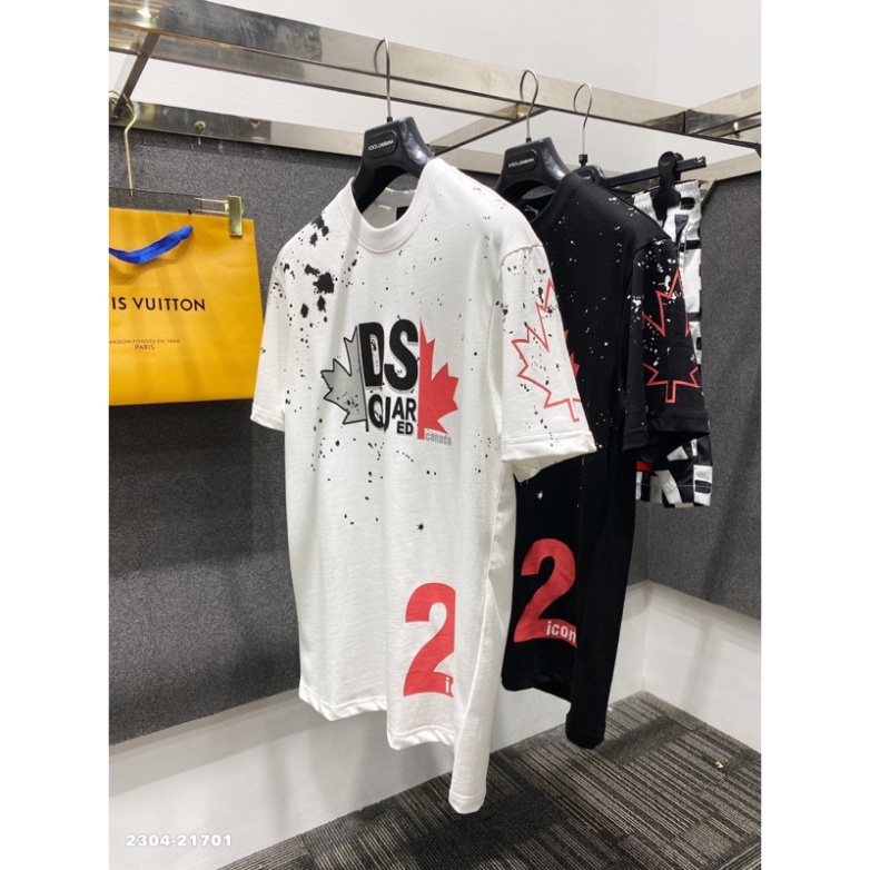 Áo phông nam nữ  in chữ DSQ2 lá phong đen xám đỏ vảy sơn Premium Cotton phong cách boy phố