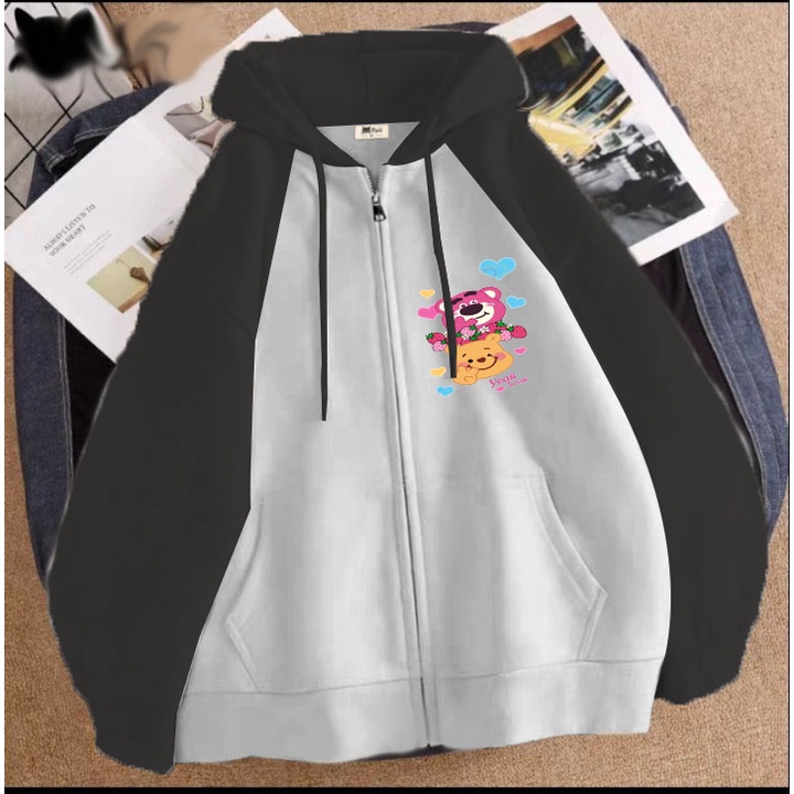 Áo khoác gâis dâu và gấu vàng trái tim cho bé gái chất nỉ phom rộng size từ 9 đến 65kg