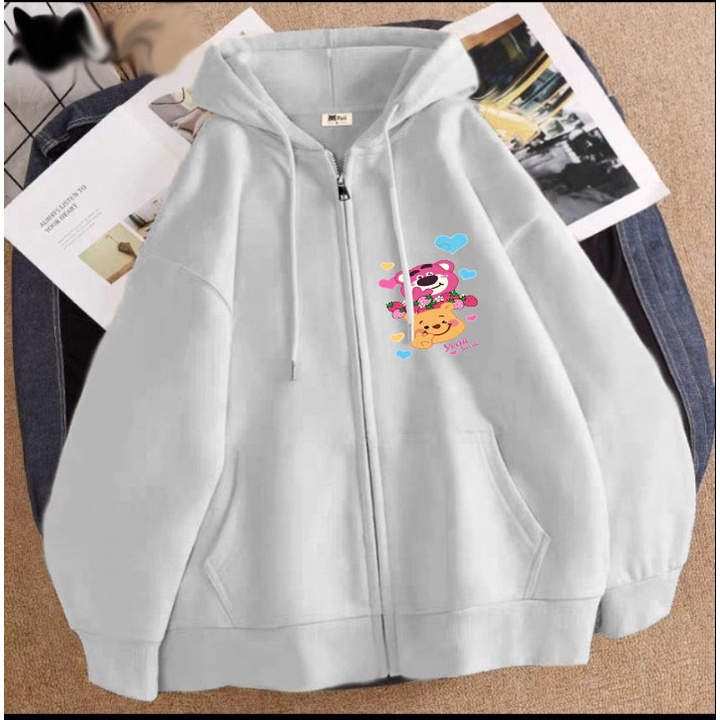 Áo khoác gâis dâu và gấu vàng trái tim cho bé gái chất nỉ phom rộng size từ 9 đến 65kg