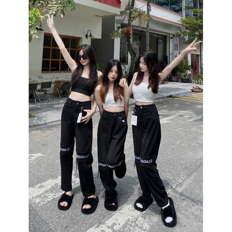 Quần jeans suông ống rộng thêu chữ hot#5022