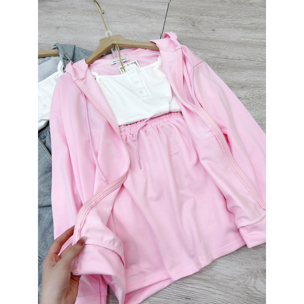 Set Bộ Đồ Nữ 3 Món Áo 2 Dây Trắng Trơn Phối Áo Khoác Có Mũ Mix Quần Sooc Đùi Freesize S784 .