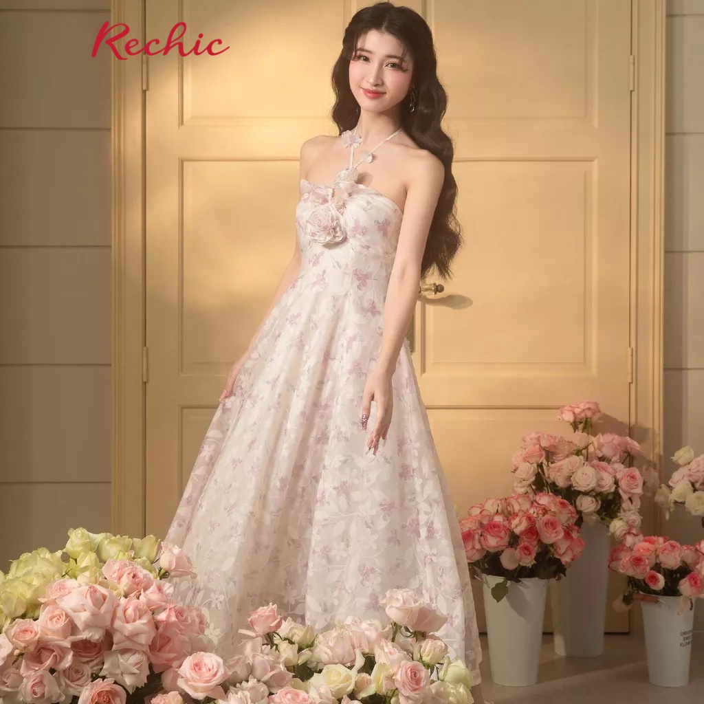 RECHIC Đầm Dài Shiya dáng xòe hoa có dây cổ thắt chéo dịu dàng nữ tính