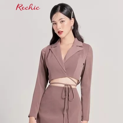 RECHIC Áo kiểu Lyra dạng vest ngắn cổ V tay dài thời trang xinh xắn trẻ trung năng động đi chơi