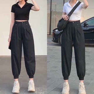 Quần jogger nữ, quần jogger vải đũi bo gấu cá tính