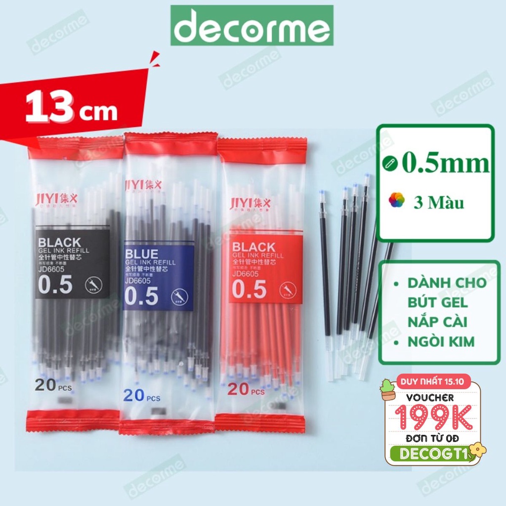 Ngòi Bút Gel DecorMe ruột bút gel Resun ngòi gel kim 0.5mm 13cm Dùng cho bút Gel có Nắp Cài 3 màu xanh đen đỏ