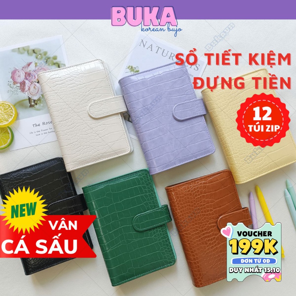 Sổ tiết kiệm đựng tiền vân cá sấu Buka sổ chi tiêu tiết kiệm thông minh A6 dễ thương có túi zip tiện dụng lưu trữ