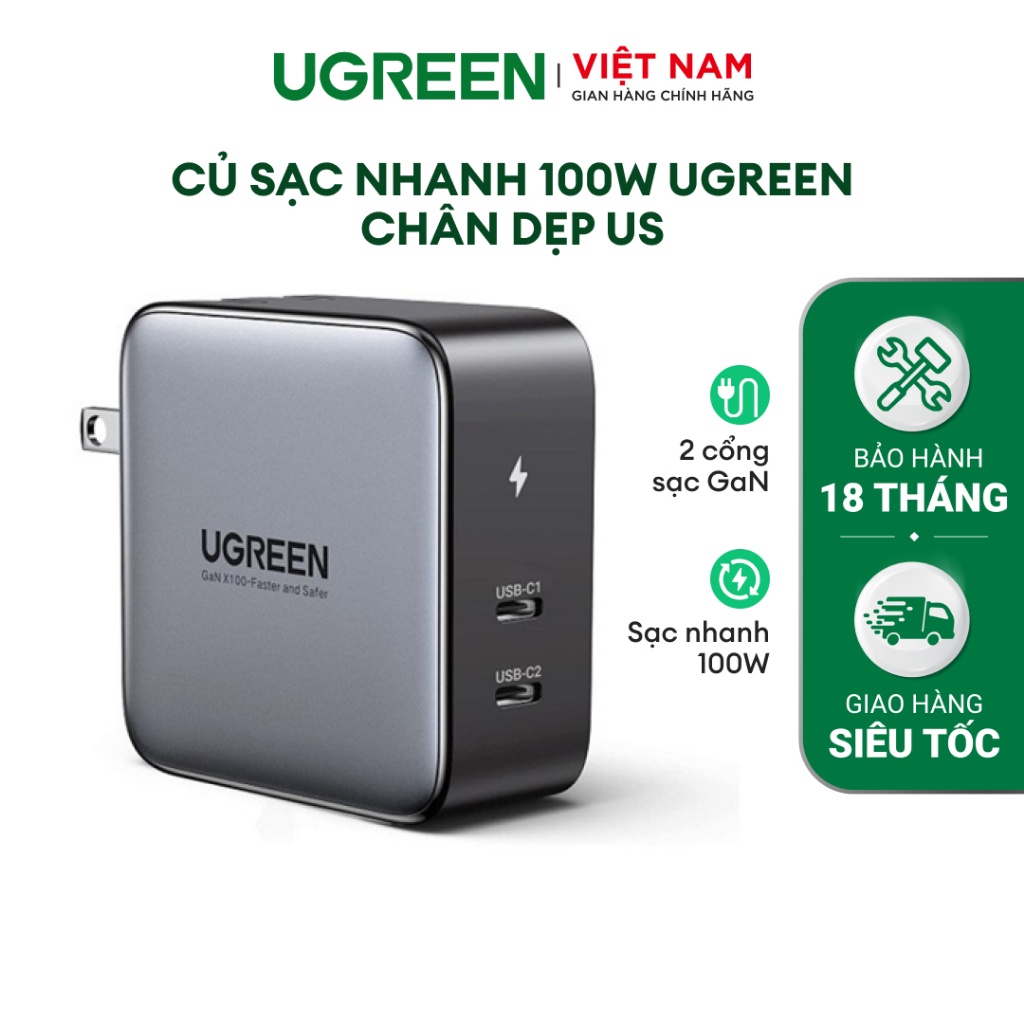 Củ sạc nhanh máy tính/điện thoại UGREEN 100W UGREEN 40795 | Công nghệ GaN | Sạc nhanh 2 cổng USB | BH 18 Tháng 1 Đổi 1