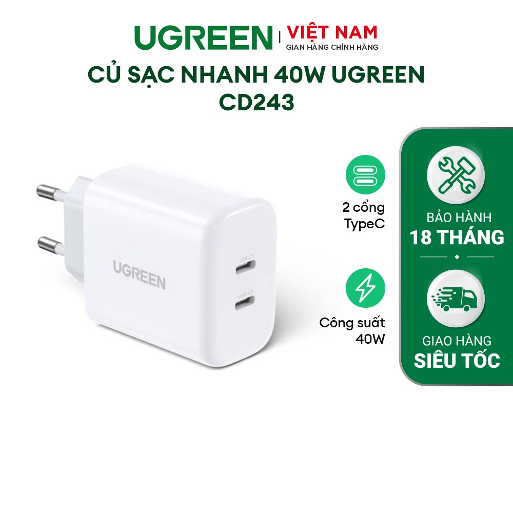 Củ sạc nhanh UGREEN 10343 USB-C - 40W chuẩn EU- Màu trắng - Hàng chính hãng