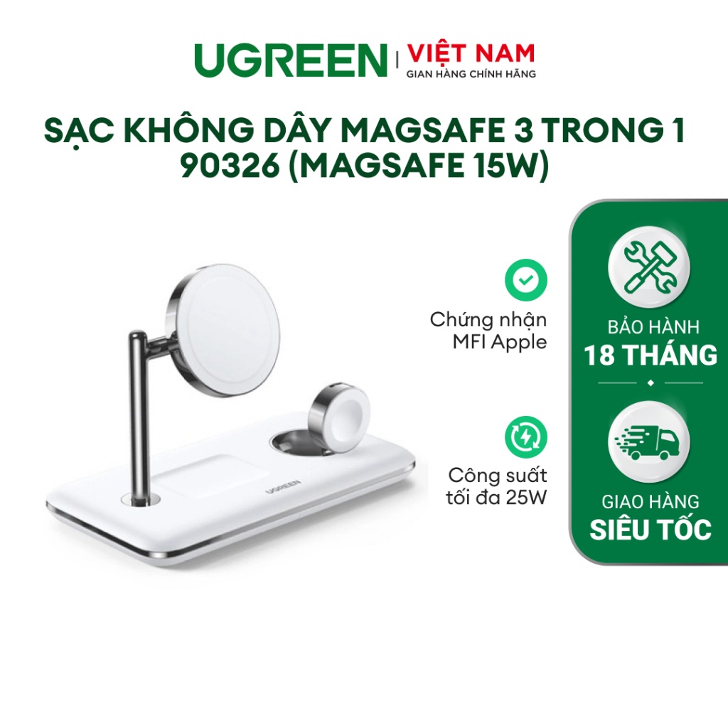 Sạc không dây MagSafe 3 trong 1 Ugreen CD278 | Chứng nhận MFi | Bộ sạc không dây 25W | Bảo Hành 18 Tháng 1 Đổi 1 | 90326