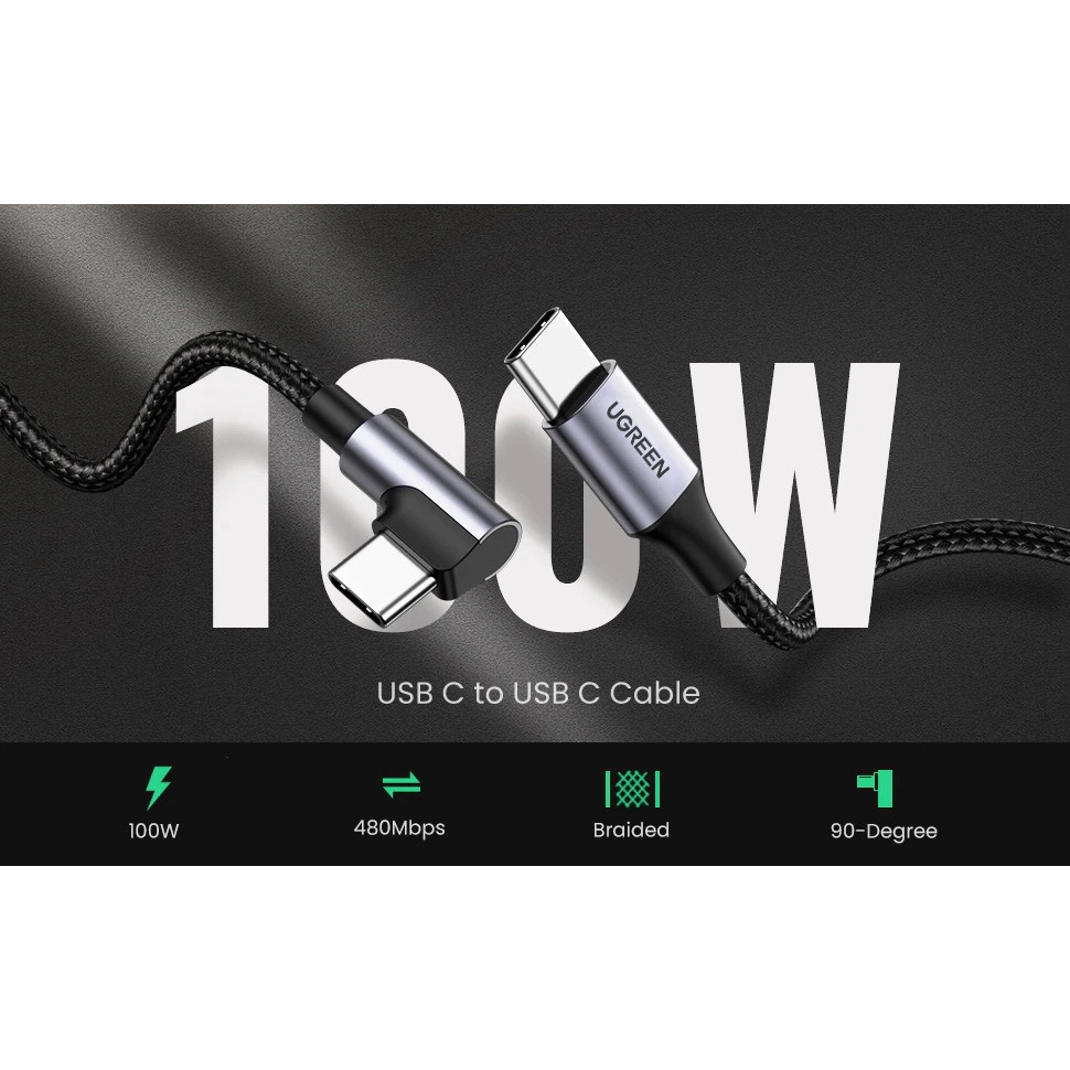 Cáp sạc USB C sang USB C Ugreen US334 góc vuông 90 độ vỏ bện | Sạc nhanh 100W PD 4.0 | Tốc độ truyền 480Mbps | Bảo Hành